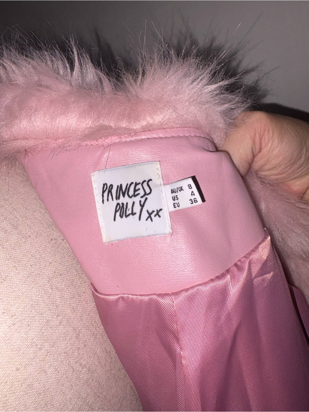 Princess Polly “Alice” Penny Lane Faux Fur Vegan Leather Pink Trench Coat Size 4 - Picture 8 of 10